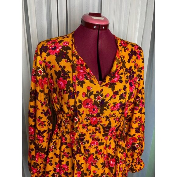 1970s peasant dress floral boho flowerpower mustard pink - Picture 3 of 13